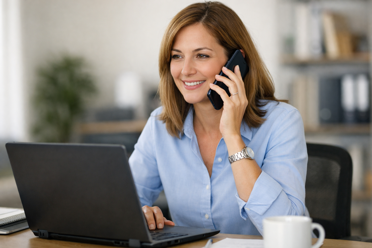 Woman at Computer and Phone Call-1
