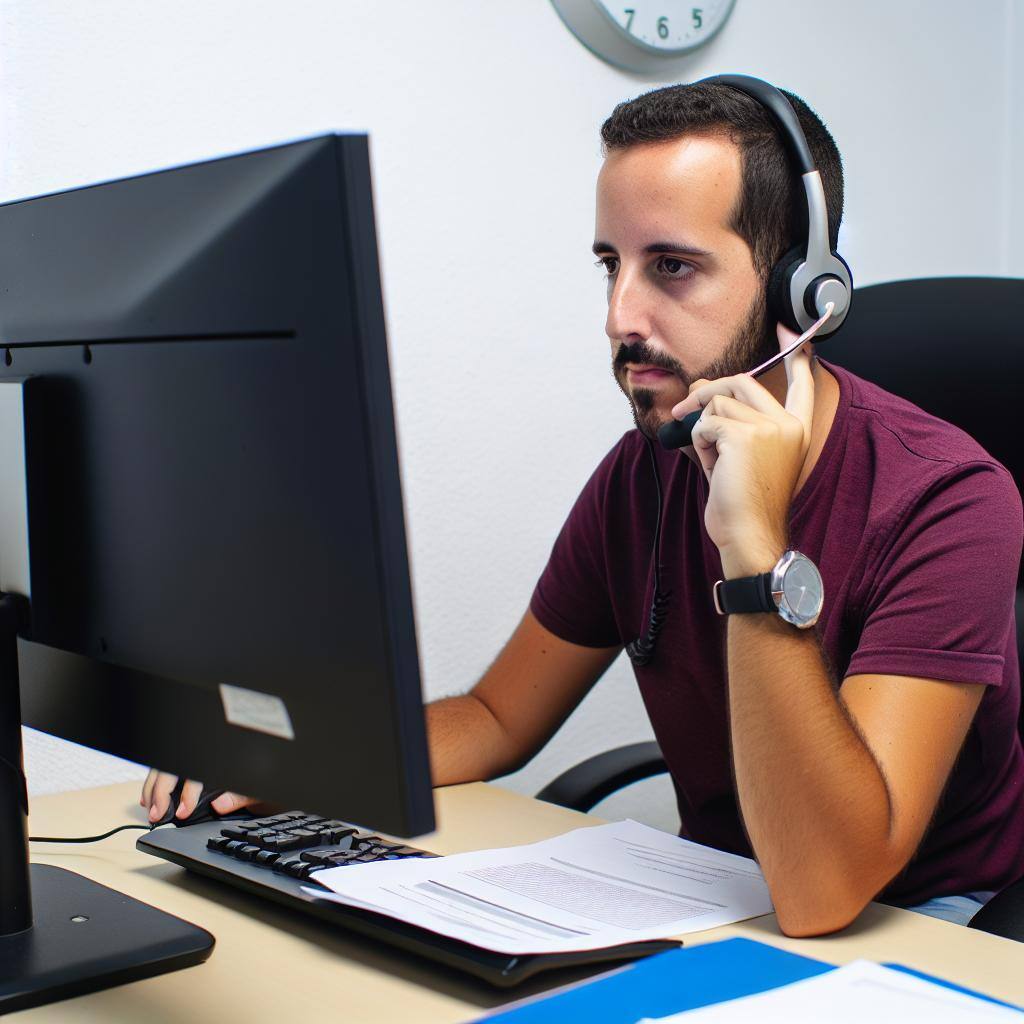 chico español dando soporte telefónico con ordenador y auriculares para el teléfono